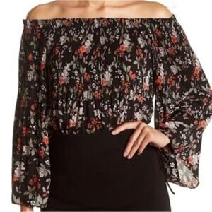 Max Studio Floral Off Shoulder Blouse Womens XL Pleated Flowy Shirt Top Black